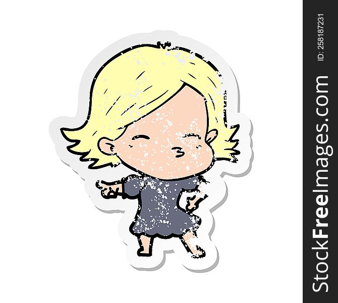 distressed sticker of a cartoon woman pointing