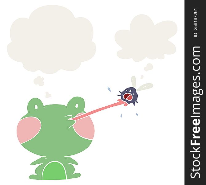 cartoon frog catching fly with thought bubble in retro style