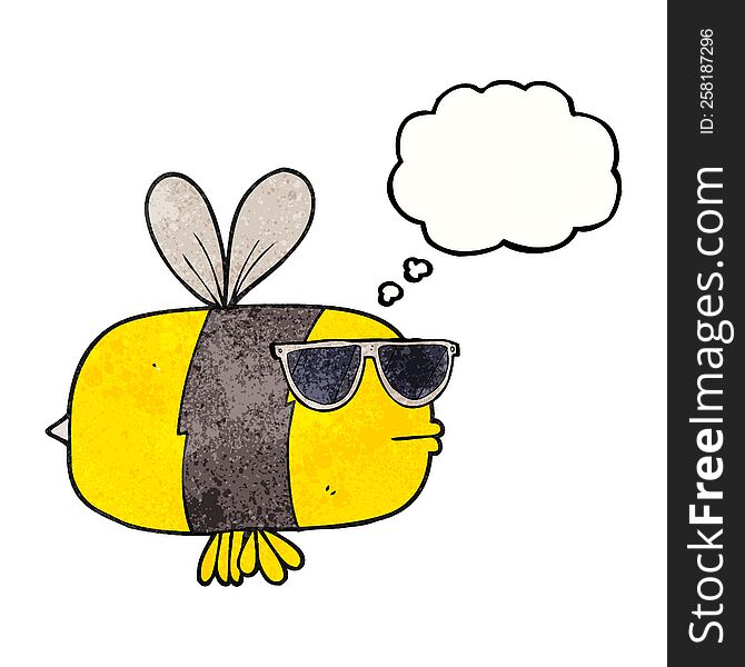 freehand drawn thought bubble textured cartoon bee wearing sunglasses