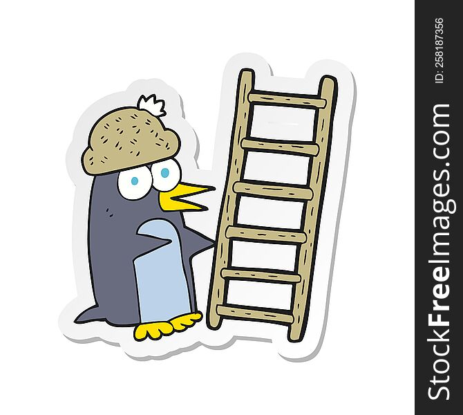 Sticker Of A Cartoon Penguin With Ladder