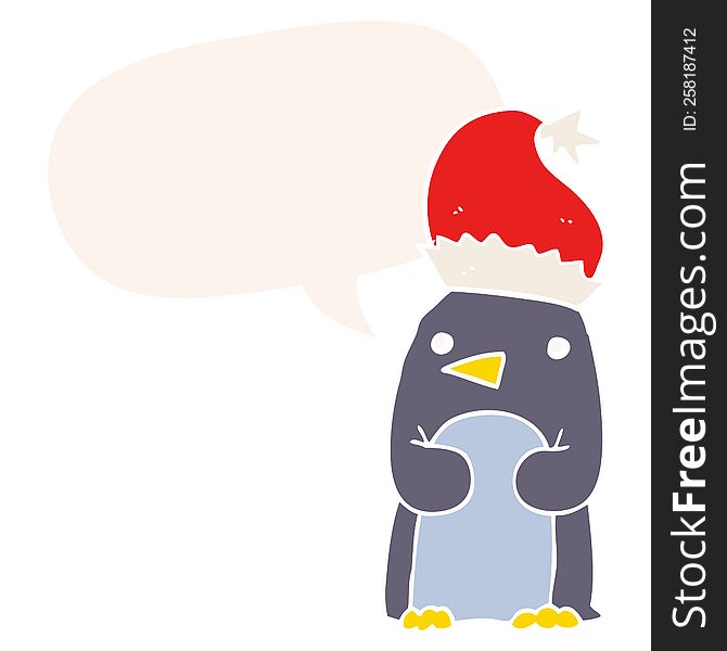 cute christmas penguin with speech bubble in retro style