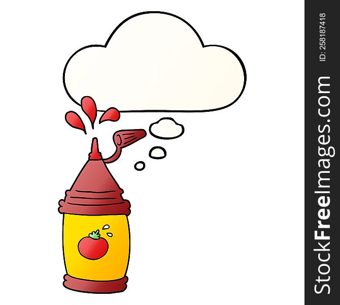 cartoon ketchup bottle with thought bubble in smooth gradient style