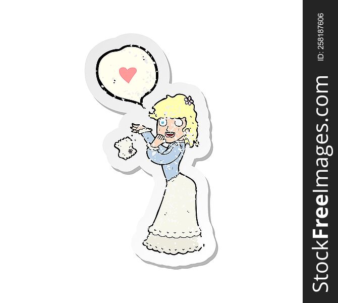 retro distressed sticker of a cartoon woman dropping handkerchief