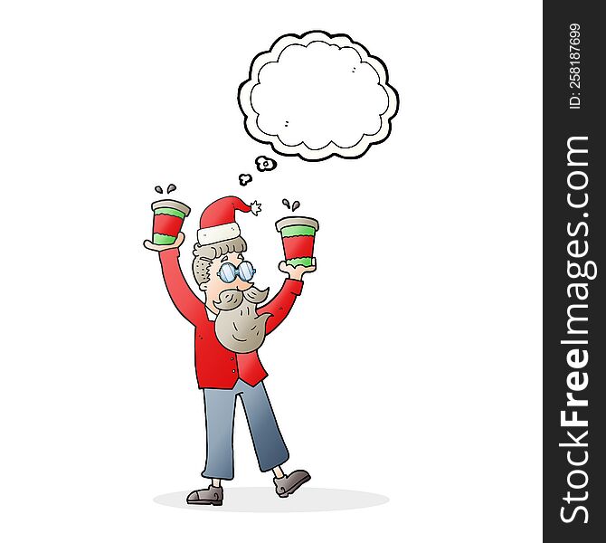 thought bubble cartoon man with coffee cups at christmas