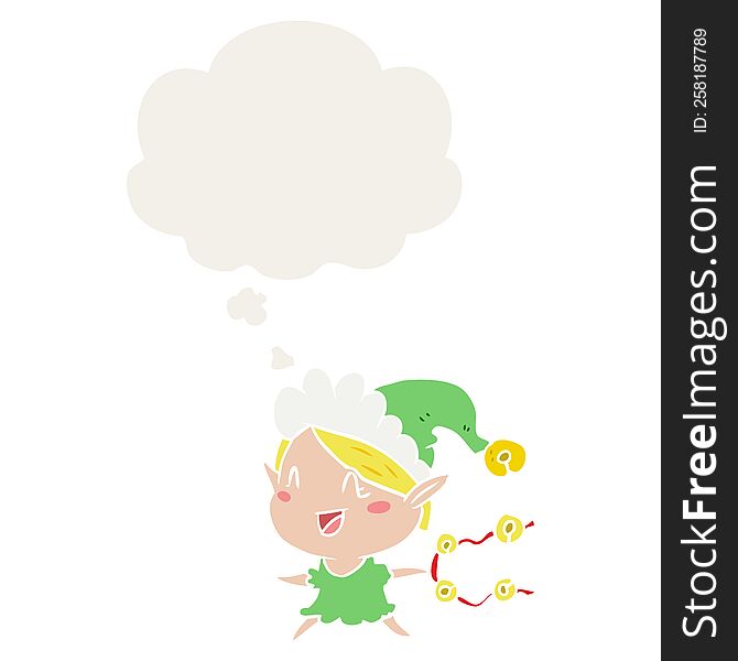 cartoon happy christmas elf with thought bubble in retro style