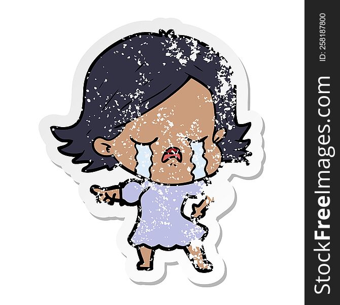 distressed sticker of a cartoon girl crying and pointing
