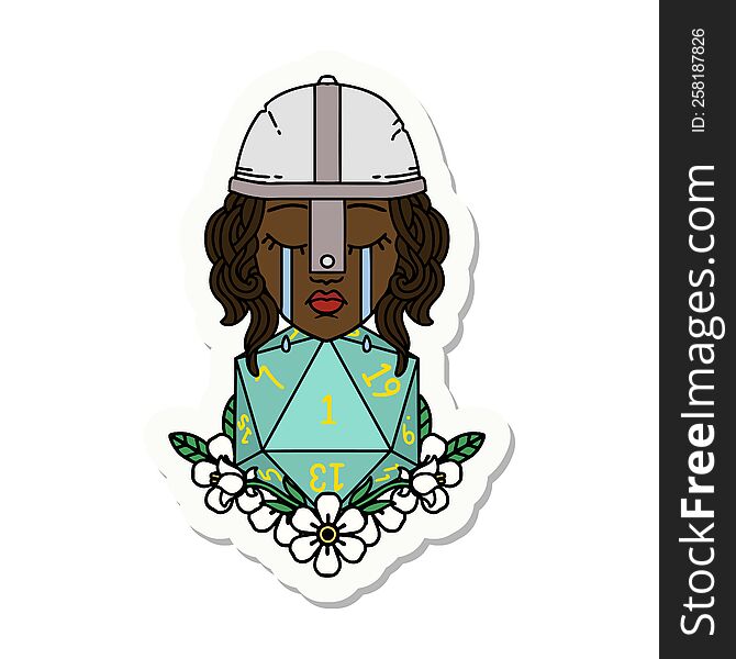 Crying Human Fighter With Natural One D20 Roll Sticker