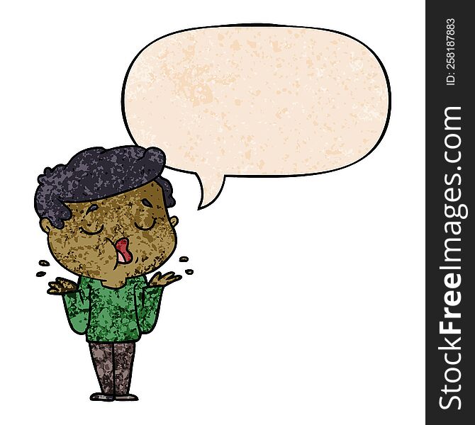 cartoon man talking and shrugging shoulders with speech bubble in retro texture style