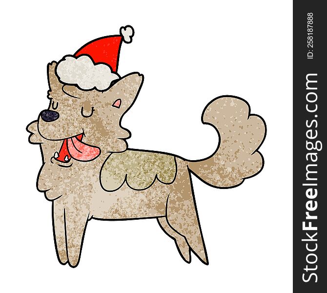 hand drawn textured cartoon of a happy dog wearing santa hat