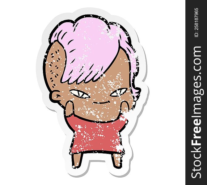 Distressed Sticker Of A Cute Cartoon Girl With Hipster Haircut