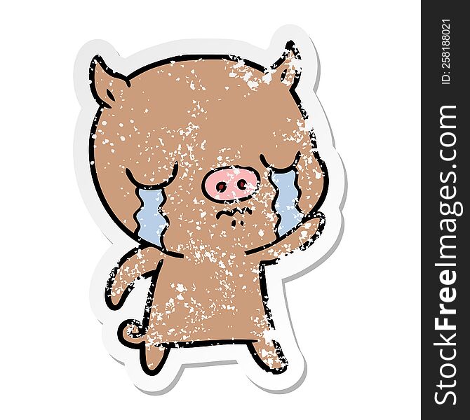 distressed sticker of a cartoon pig crying waving goodbye