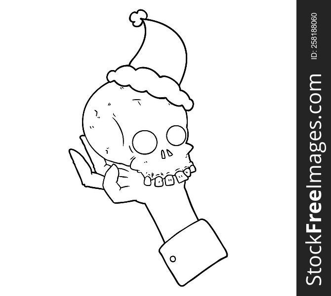 Line Drawing Of A Hand Holding Skull Wearing Santa Hat