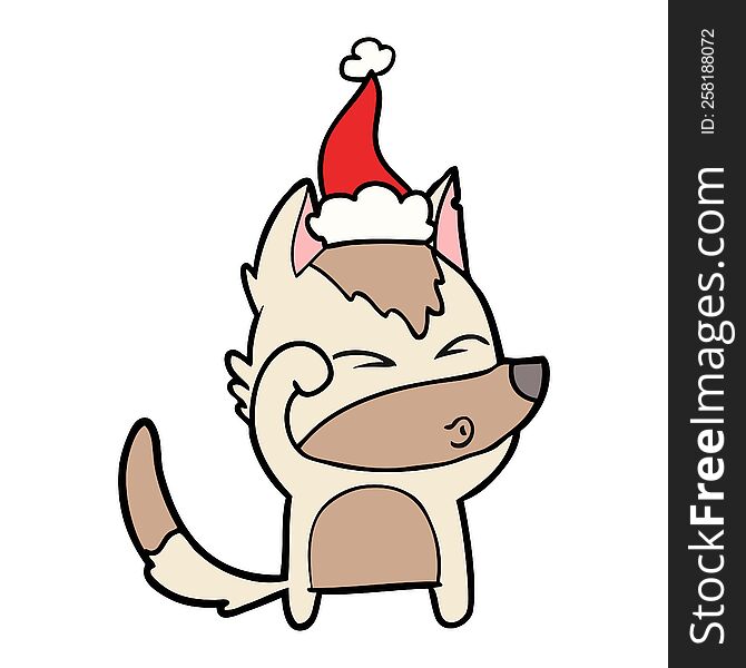 Line Drawing Of A Wolf Pouting Wearing Santa Hat