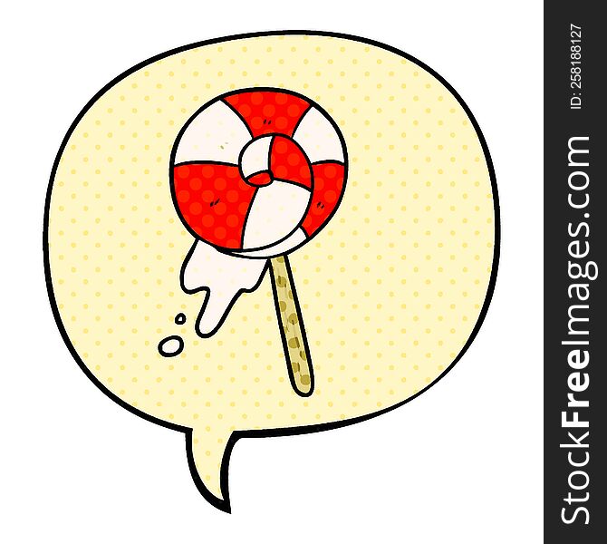 cartoon traditional lollipop with speech bubble in comic book style