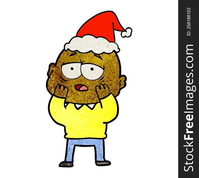 Textured Cartoon Of A Tired Bald Man Wearing Santa Hat