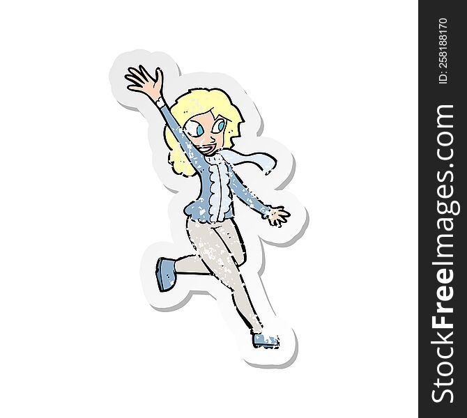 retro distressed sticker of a cartoon woman waving dressed for winter