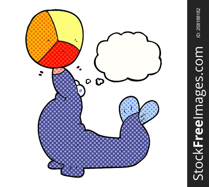 freehand drawn thought bubble cartoon seal balancing ball