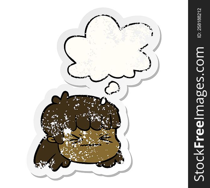 Cartoon Female Face And Thought Bubble As A Distressed Worn Sticker