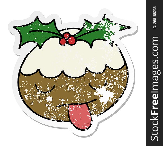 Distressed Sticker Of A Quirky Hand Drawn Cartoon Christmas Pudding