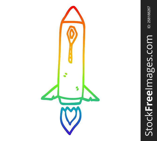 rainbow gradient line drawing of a cartoon space rocket