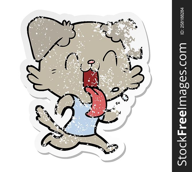 distressed sticker of a cartoon panting dog running