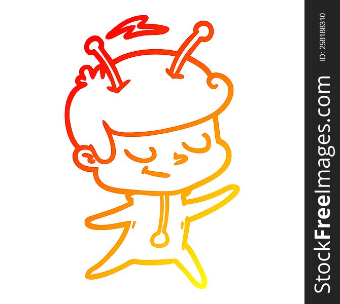 warm gradient line drawing of a friendly cartoon spaceman dancing