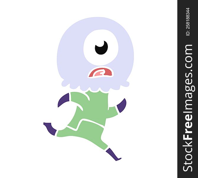 Flat Color Style Cartoon Cyclops Alien Spaceman Running