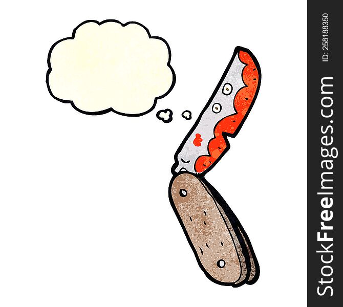 cartoon bloody folding knife with thought bubble