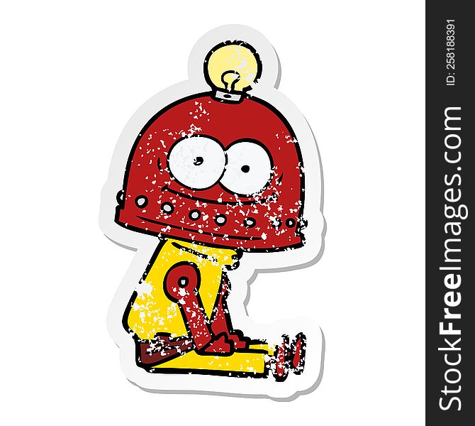 Distressed Sticker Of A Happy Carton Robot With Light Bulb