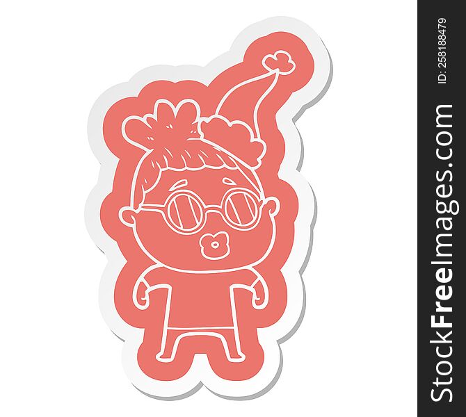 quirky cartoon  sticker of a woman wearing spectacles wearing santa hat