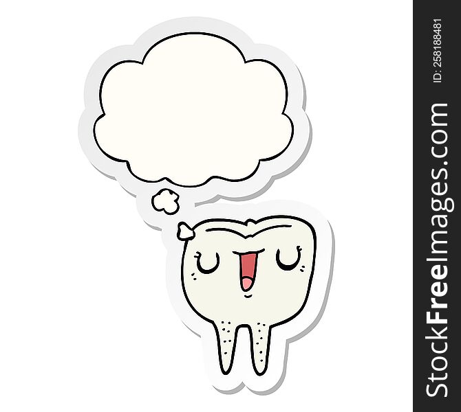 cartoon happy tooth with thought bubble as a printed sticker
