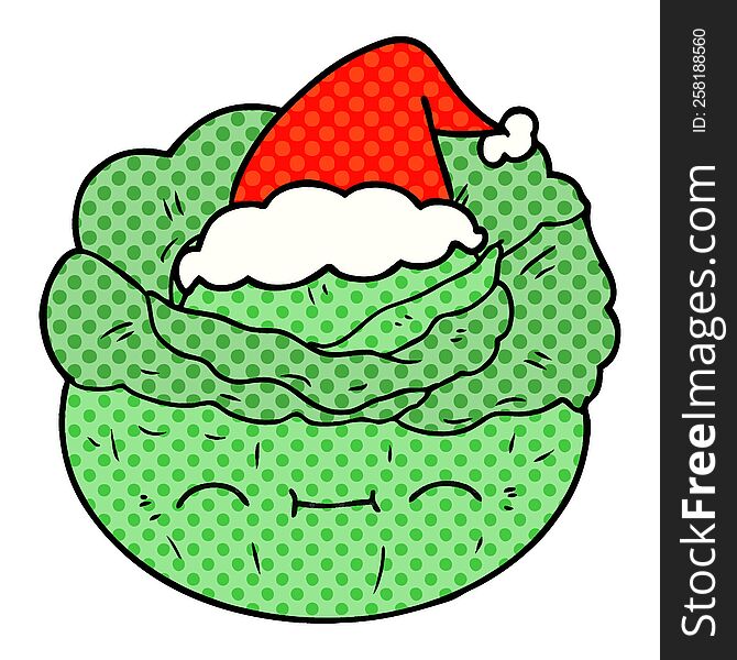 Comic Book Style Illustration Of A Cabbage Wearing Santa Hat