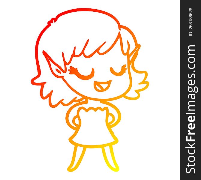 Warm Gradient Line Drawing Happy Cartoon Elf Girl