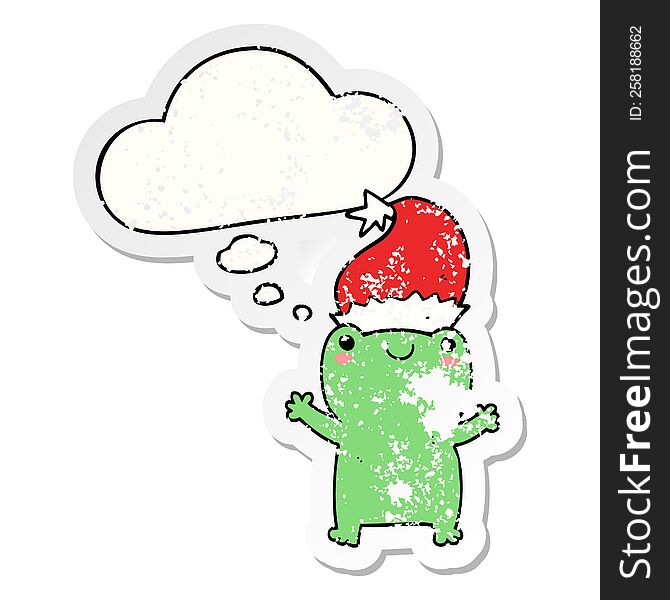 cute christmas frog with thought bubble as a distressed worn sticker