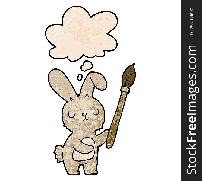 Cartoon Rabbit With Paint Brush And Thought Bubble In Grunge Texture Pattern Style