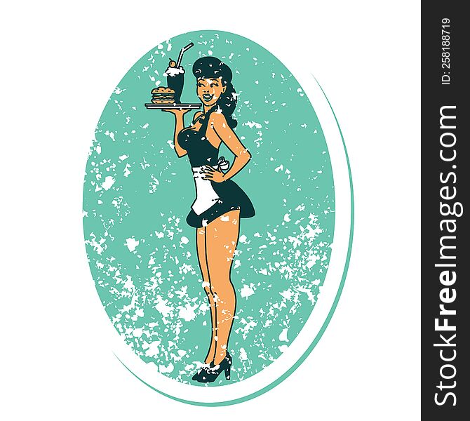 distressed sticker tattoo in traditional style of a pinup waitress girl. distressed sticker tattoo in traditional style of a pinup waitress girl