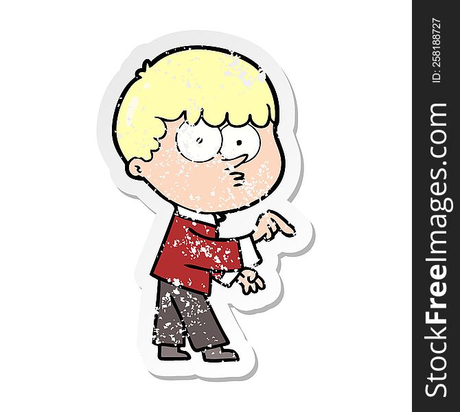 distressed sticker of a cartoon curious boy