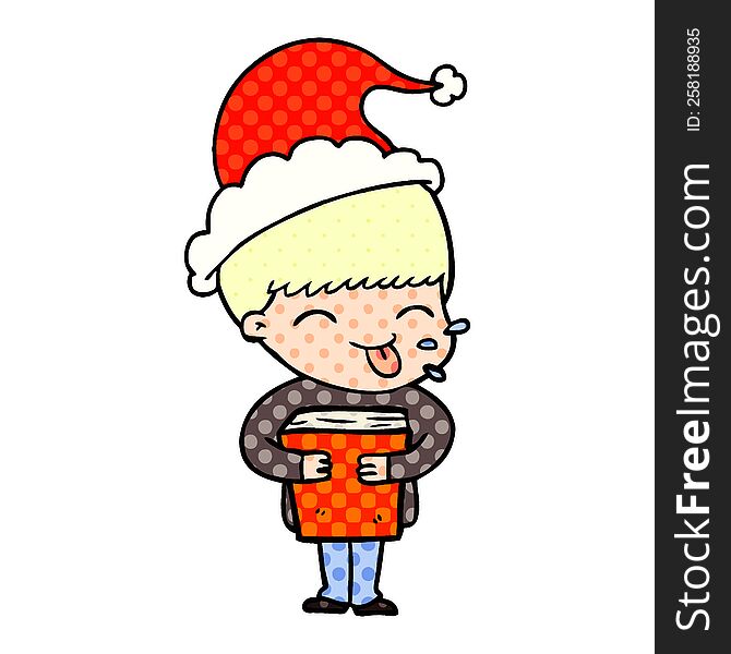 hand drawn comic book style illustration of a boy wearing santa hat