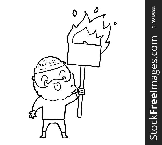 bearded protester cartoon with burning sign. bearded protester cartoon with burning sign