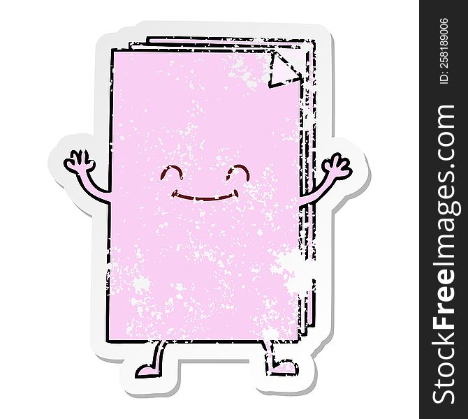 distressed sticker of a quirky hand drawn cartoon happy stack of papers
