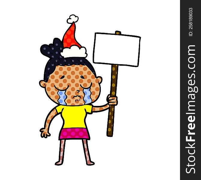 comic book style illustration of a crying woman with protest sign wearing santa hat