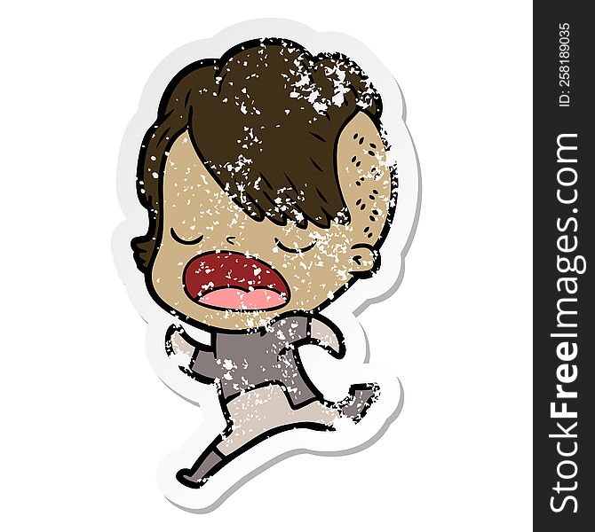 Distressed Sticker Of A Cartoon Cool Hipster Girl Talking