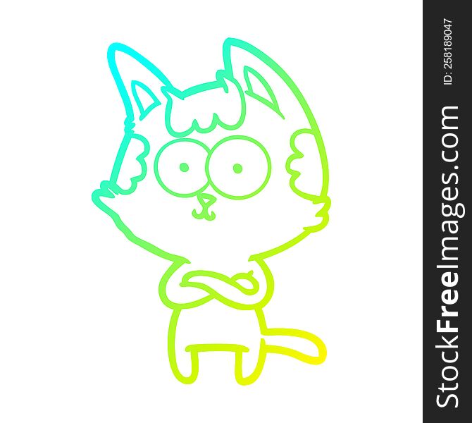 Cold Gradient Line Drawing Happy Cartoon Cat With Crossed Arms