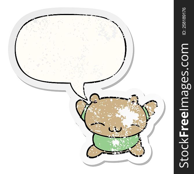 Cartoon Jumping Bear And Speech Bubble Distressed Sticker