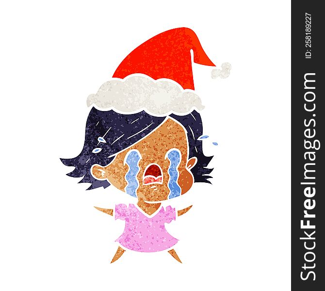 hand drawn retro cartoon of a woman crying wearing santa hat