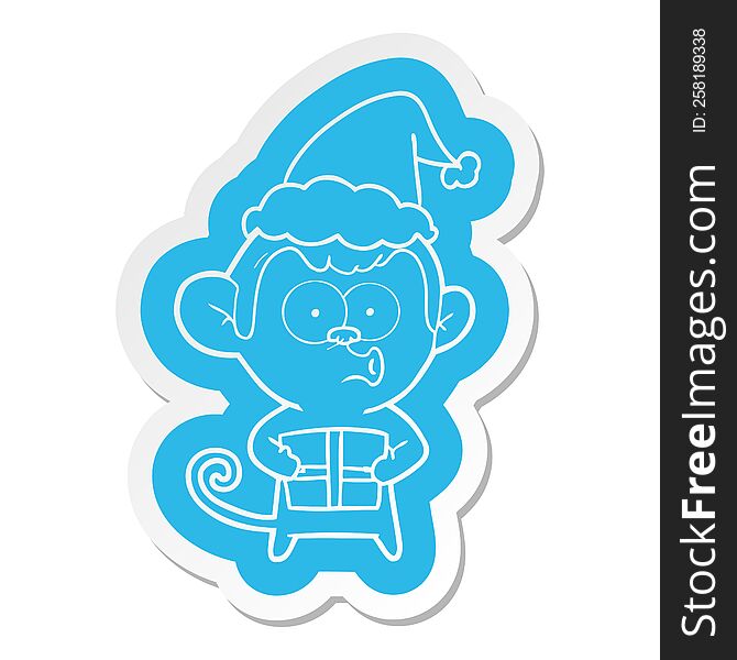 Cartoon  Sticker Of A Christmas Monkey Wearing Santa Hat