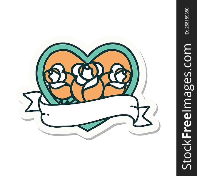 sticker of tattoo in traditional style of a heart and banner with flowers. sticker of tattoo in traditional style of a heart and banner with flowers