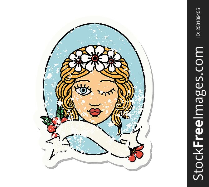 Grunge Sticker With Banner Of A Maiden With Crown Of Flowers Winking