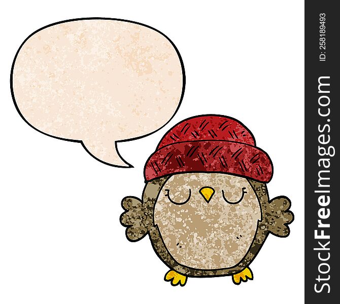 Cute Cartoon Owl In Hat And Speech Bubble In Retro Texture Style