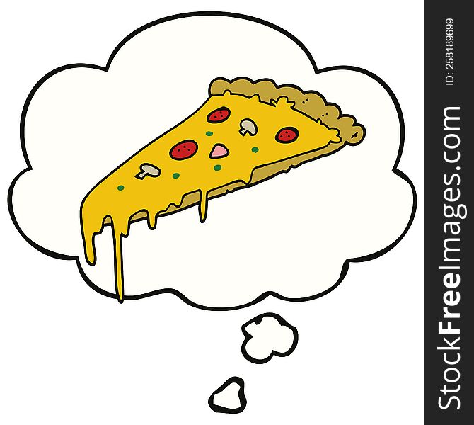 cartoon pizza slice with thought bubble. cartoon pizza slice with thought bubble